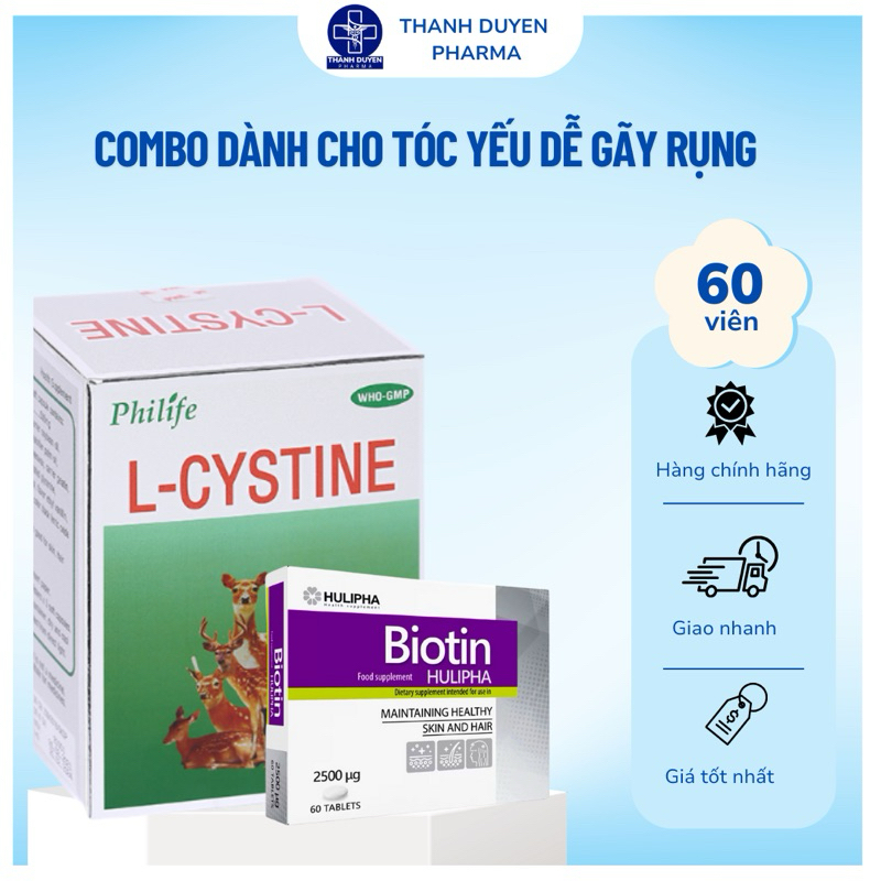 Combo viên uống L-Cystine + Biotin Hulipha  HỖ TRỢ GIẢM RỤNG TÓC, KÍCH THÍCH MỌC TÓC