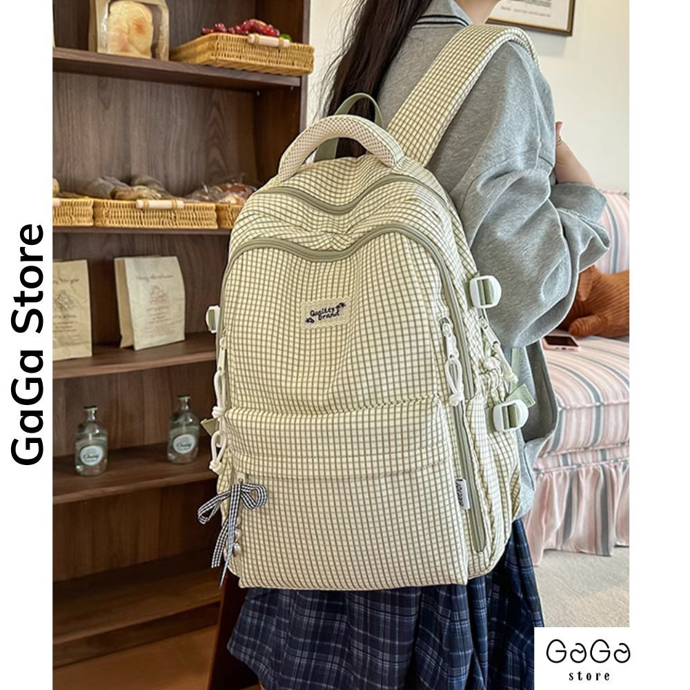 Balo đi học của nữ caro phối màu đơn giản dễ thương cấp 2 cấp 3 nhiều ngăn form to gagastore B843