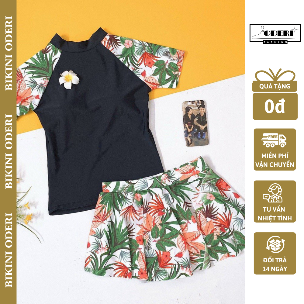 Bikini, Đồ Bơi Đi Biển Hai Mảnh Tay Ngắn Váy xòe Họa Tiết ODERI 723