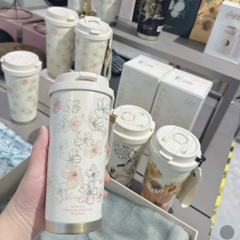 Ly Giữ Nhiệt  Hoa Anh Đào Viền Vàng 500ml Inox 316 Quà Tặng Sinh Nhật chính hãng