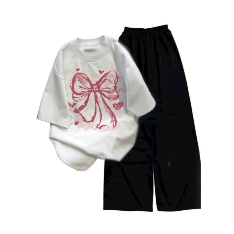 [ SẴN HÀNG ] Sét Bộ Đồ  quần  Ống Rộng chun đen + áo phông in Nơ Hồng Loang màu trắng