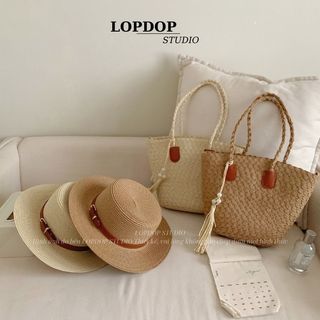 Combo Túi Mũ Cói Dệt Quai Da Cho Nữ Du Lịch Biển Dạo Phố Nhiều Màu T01M01 LOPDOP STUDIO