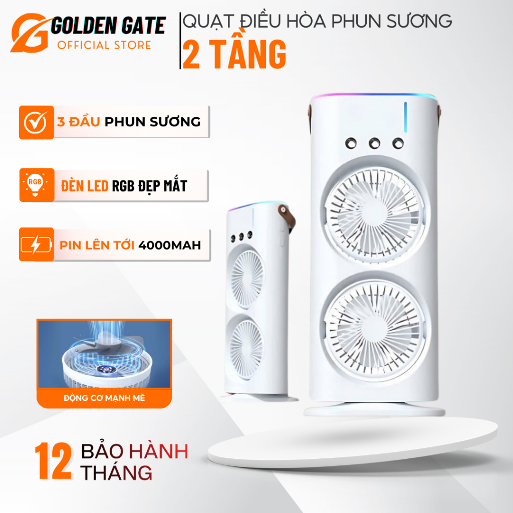Quạt Điều Hòa Phun Sương 2 Tầng Tích Điện Quạt Hơi Nước Điều Hòa Có Đèn LED Với 2 Cánh Gió, 3 Đầu Phun Sương, Sạc Pin