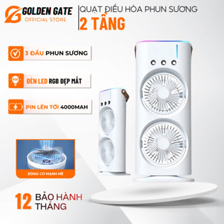 Quạt Điều Hòa Phun Sương 2 Tầng Tích Điện Quạt Hơi Nước Điều Hòa Có Đèn LED Với 2 Cánh Gió, 3 Đầu Phun Sương, Sạc Pin