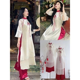  Sét áo dài cách tân CÓ KÈM QUẦN du xuân mặc tết 2026 áo dài voan tơ MỎNG cổ phối đỏ đính nút ngọc thắt nơ CÓ KÈM QUẦN 