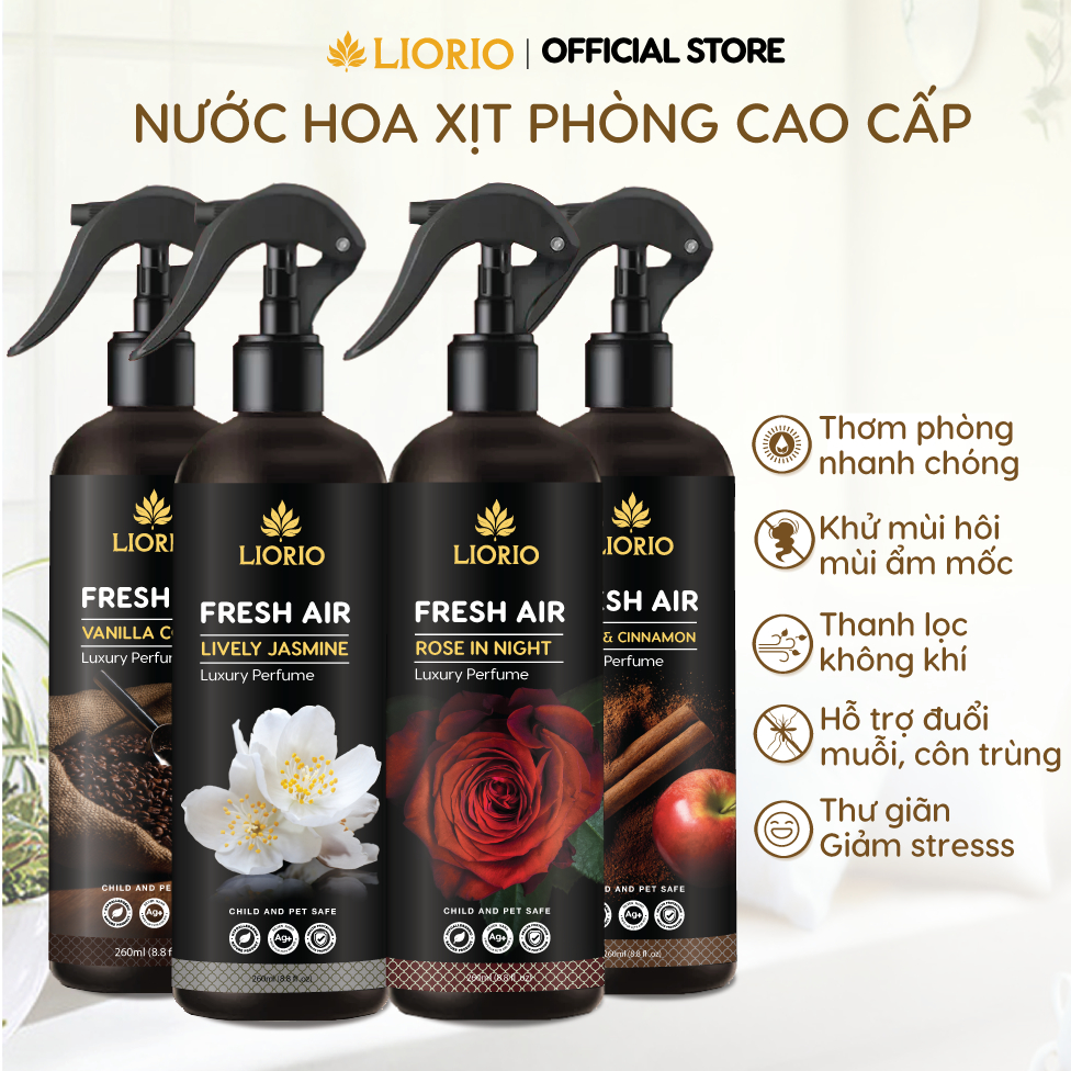 Nước hoa xịt phòng Liorio Fresh Air cao cấp giúp thơm phòng - khử mùi, thư giãn, hỗ trợ đuổi muỗi