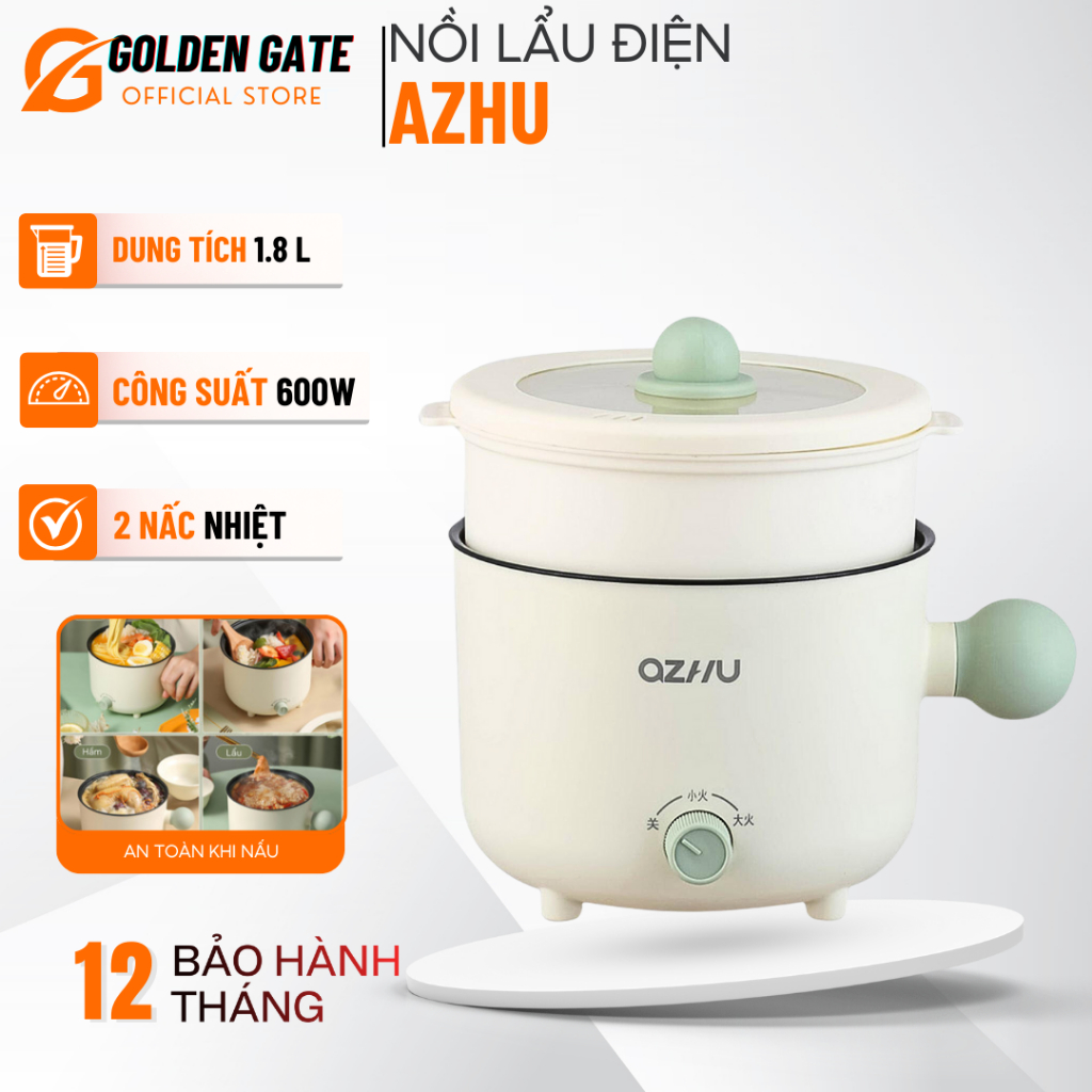 Nồi Lẩu Điện Đa Năng AZHU 2 Nấc Nhiệt Kèm Giá Hấp Nhựa Có Tay Cầm, Dung Tích 1.8L Công Suất 600W Thí