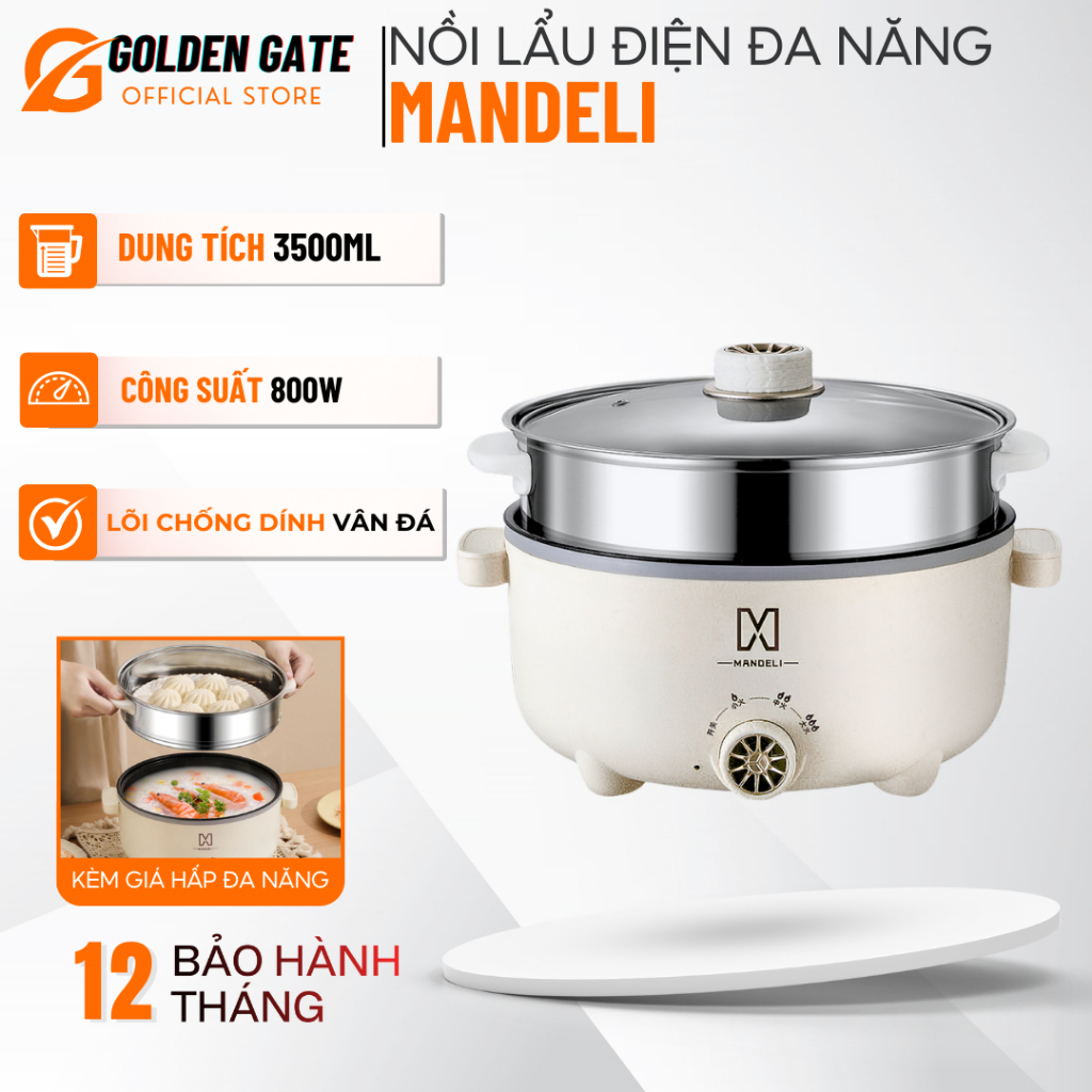 Nồi Lẩu Điện Đa Năng Mini MANDELI, Nồi Điện Đa Năng Kèm Xửng Hấp Inox Dung Tích 4L, 3 Lớp Cách Nhiệt, Phù Hợp Chiên, Hấp