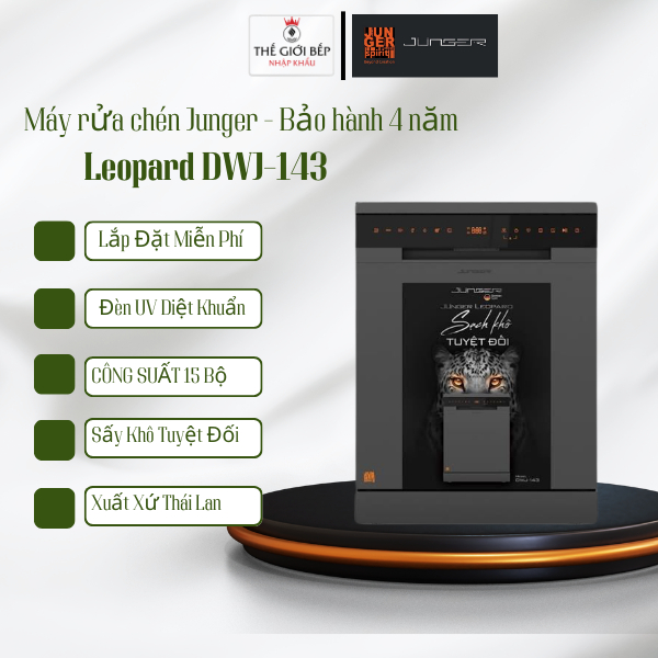Máy Rửa Bát 15 Bộ Junger DWJ-143 – Siêu Sạch Khô – AI Tự Nhận Diện Độ Bẩn – UV Diệt Khuẩn