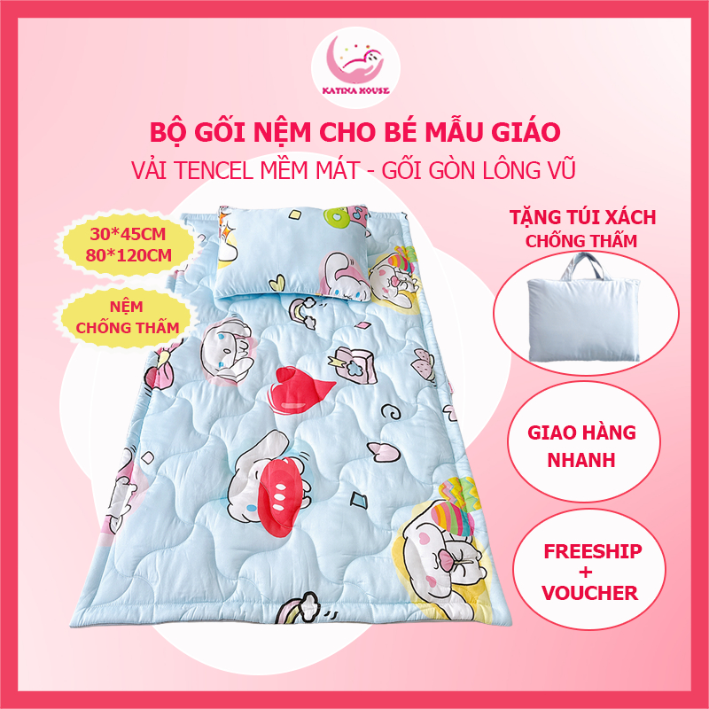 Combo gối nệm cho bé đi học mẫu giáo Katina House, vải tencel mềm mại thoáng mát