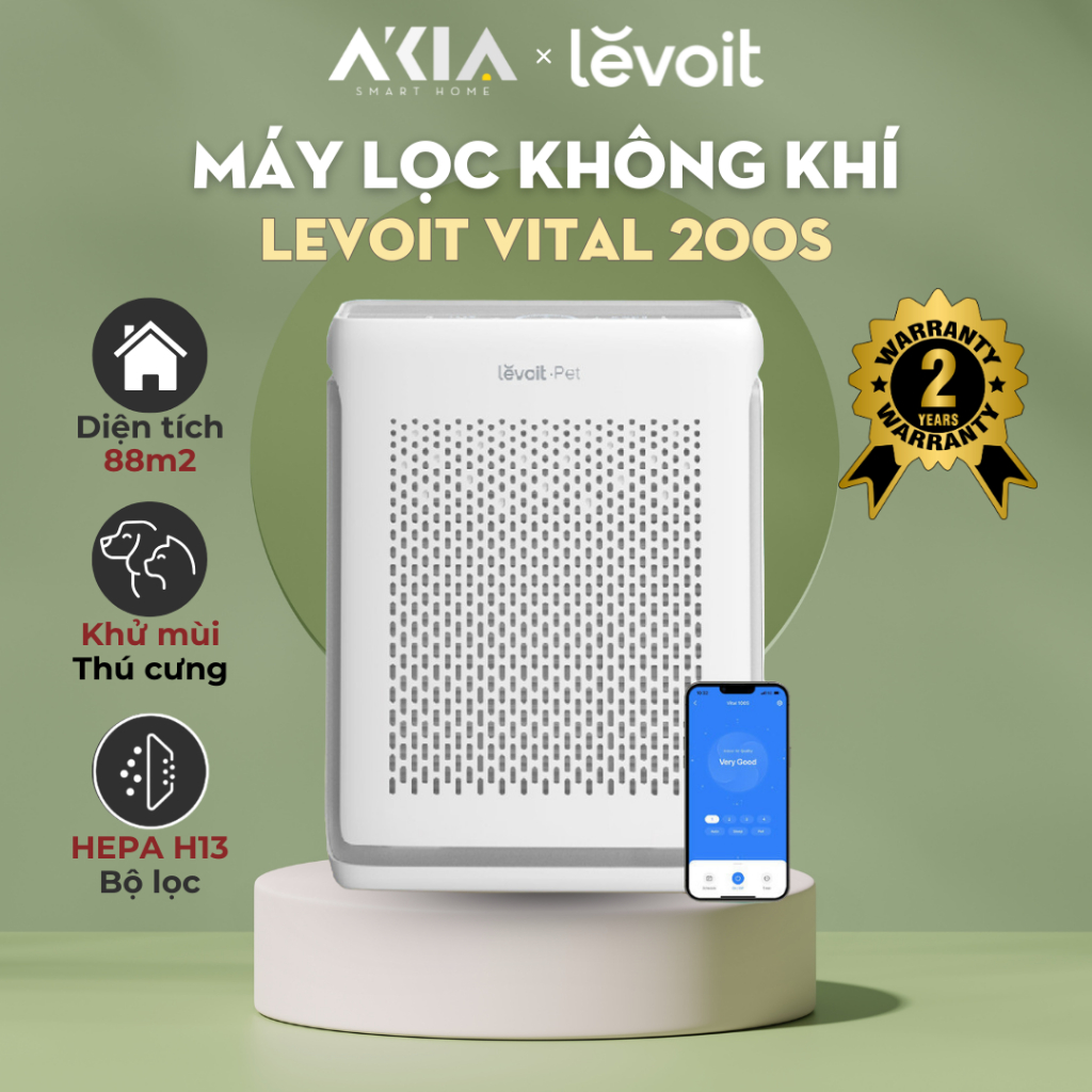 Máy lọc không khí Levoit Vital 200S - Dùng cho thú cưng, Diện tích 88m2, Lõi lọc 3 lớp - BH 2 năm