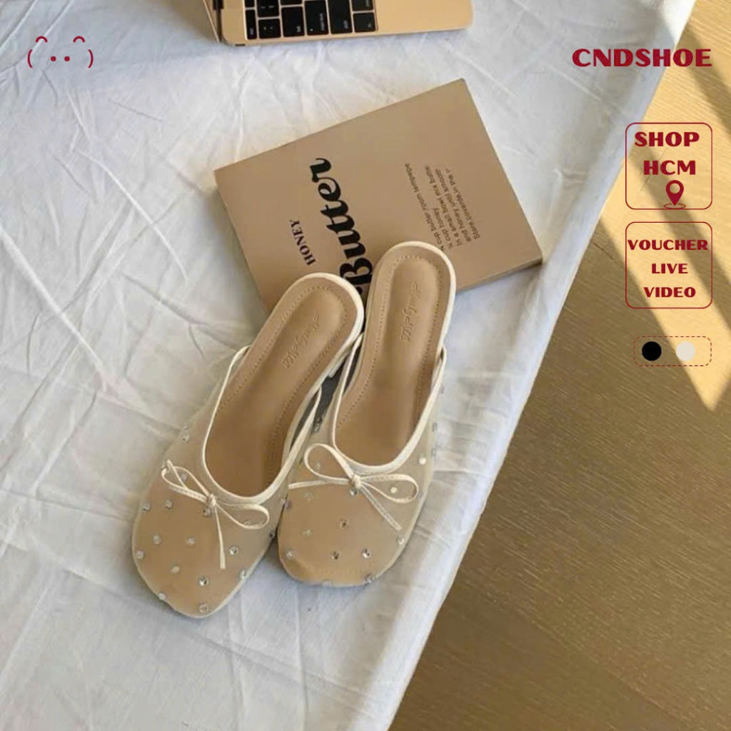 [Chuẩn Hàng QC] sục đá lười nữ che nắng cndshoe lưới thoáng lưới đính nơ retro - Mesh Slip-On Shoe