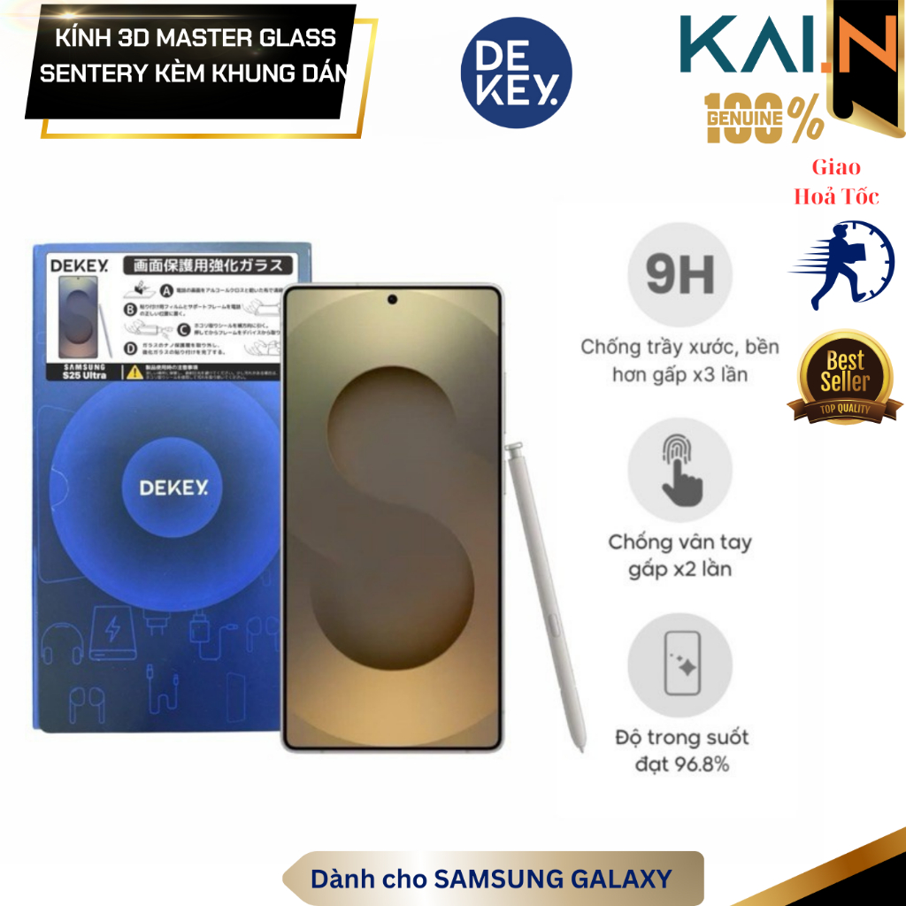 Kính Cường Lực DEKEY cho Samsung Galaxy S26 Ultra/ S25 Series Kèm Khung Trợ Dán MASTERGLASS 3D SENTE