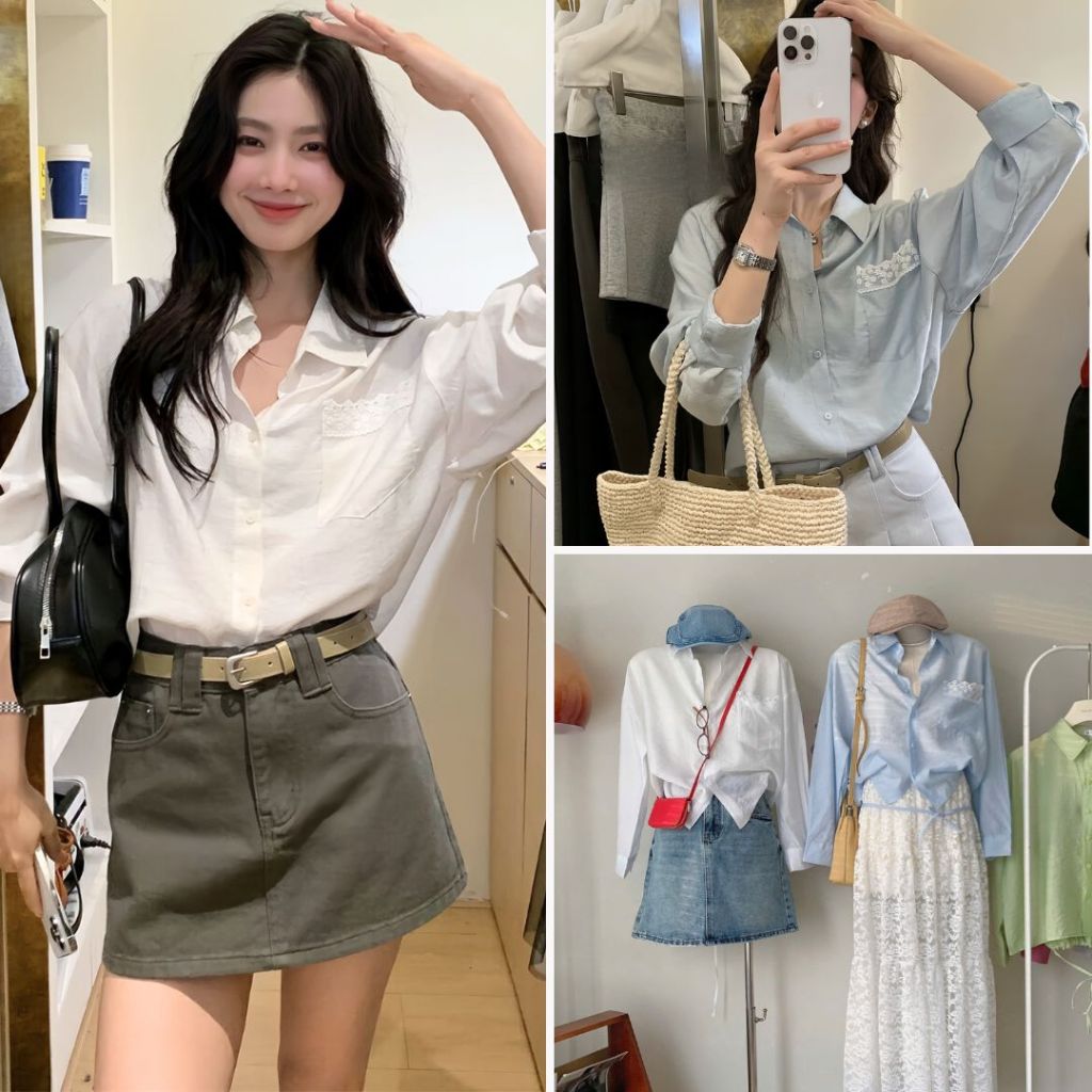 Áo Sơ Mi Trơn Phối Túi Ngực Viền Ren Kèm Dây Thắt Eo, Labibi