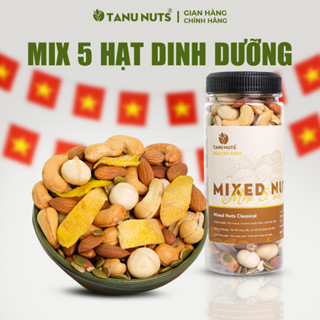 Hũ 350g hạt dinh dưỡng mix 5 hạt TANU NUTS, các loại hạt bí xanh, hạnh nhân, macca, hạt điều, xoài sấy tốt cho bà bầu.