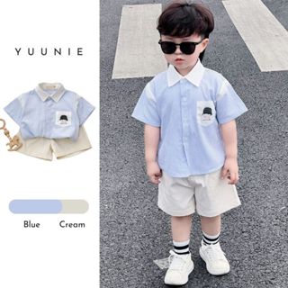 Set sơ mi bé trai Yuunie, áo sơ mi xanh phối trắng in hình dễ thương cho bé trai 1 - 6 tuổi Y25BT014