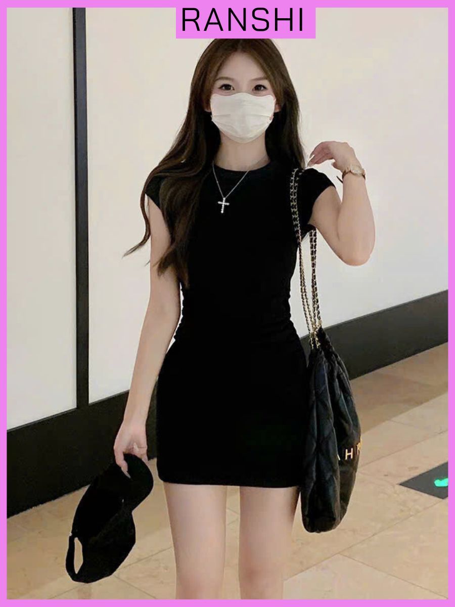 [CÓ SIZE] Đầm Body Ngắn Tay Cổ Tròn RANSHI Váy Dáng Ngắn Nhún Eo Tôn Body Sexy Quyến Rũ Chất Thun Gân Dày - RBD148