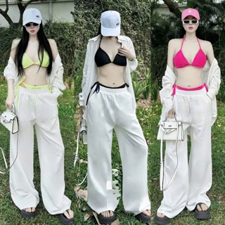 Set 4 món đi biển thiết kế, set bikini thun lạnh phối áo khoác sơ mi tay dài kèm quần suông 3 tone màu năng động,cá tính
