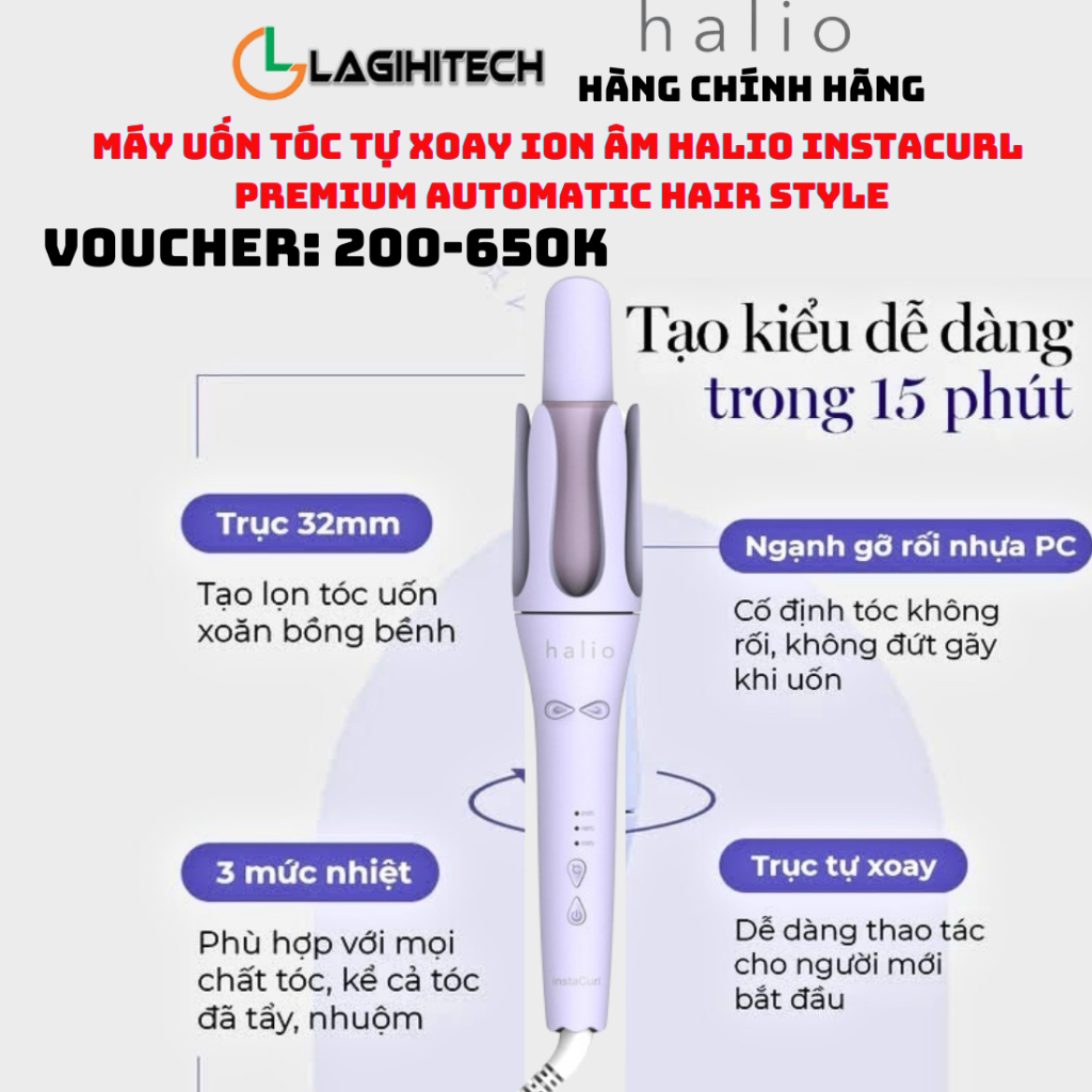 Máy Uốn Tóc Tự Xoay Ion Âm Halio instaCurl Premium Automatic Hair Style - Hàng Chính Hãng , Bảo Hành 1 năm