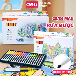 Bút Lông Màu Fiber Pen Deli 20/36 Màu - Màu An Toàn Có Thể Rửa Được Tô Màu Vẽ Tranh Đi Nét Học Sinh