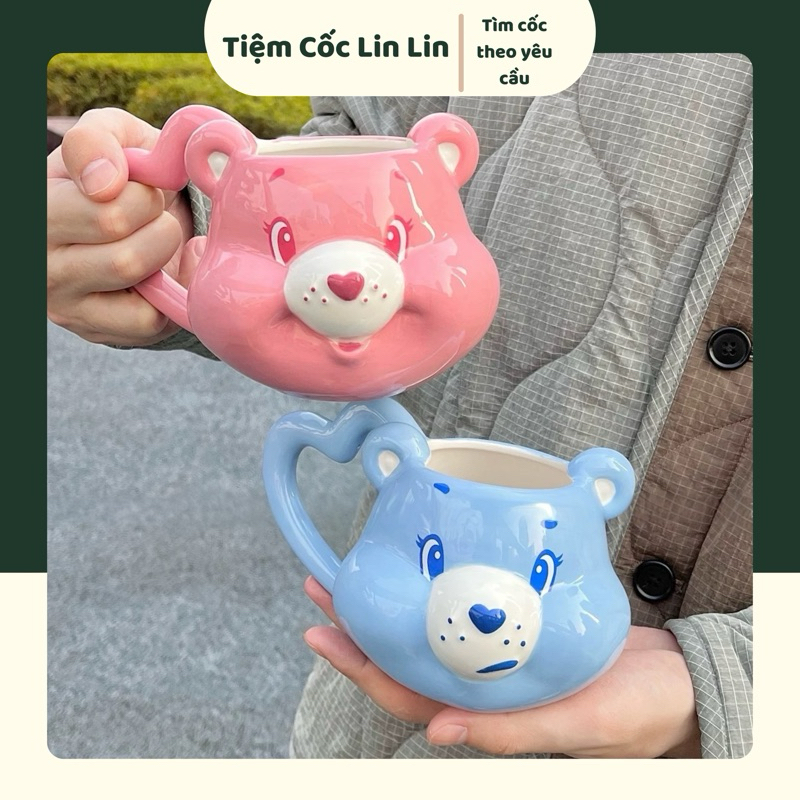 Cốc Sứ Gấu Care Bears Hồng Xanh Chính Hãng 550ml – Ly Gốm Cheer Bear Và Grumpy Bear Quà Tặng Dễ Thươ