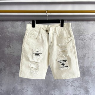 [Max 1042] Quần đùi jean cotton nam trắng rách không co dãn chữ thêu túi hộp giả [Tnhung]