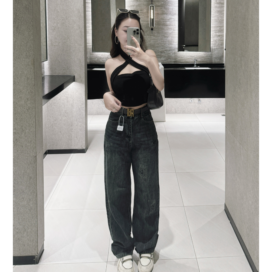 Quần jean nữ ống rộng TEEMEEJEAN quần bò cạp cao thêu chữ màu đen ánh rêu size S M L 86236