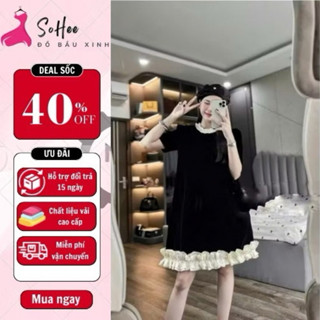 Váy bầu thiết kế, đầm bầu dự tiệc dáng babydoll vải nhung cao cấp, cổ bèo đính ngọc, chân váy lượn đính ngọc xinh xắn