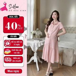 Váy bầu xinh, đầm bầu thiết kế dáng dài babydoll cổ sơ mi thanh lịch, họa tiết kẻ caro hồng xinh xắn, trẻ trung