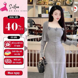  Váy bầu thiết kế đầm bầu thu đông babydoll set 2 dây trang trí hoa thêu ngực xinh xắn kèm áo khoác hot hit len tăm 