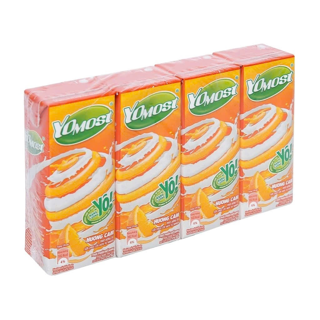 Lốc 4 hộp sữa chua uống hương Cam, Dâu hoặc Bạc Hà Việt Quất YoMost 170ml