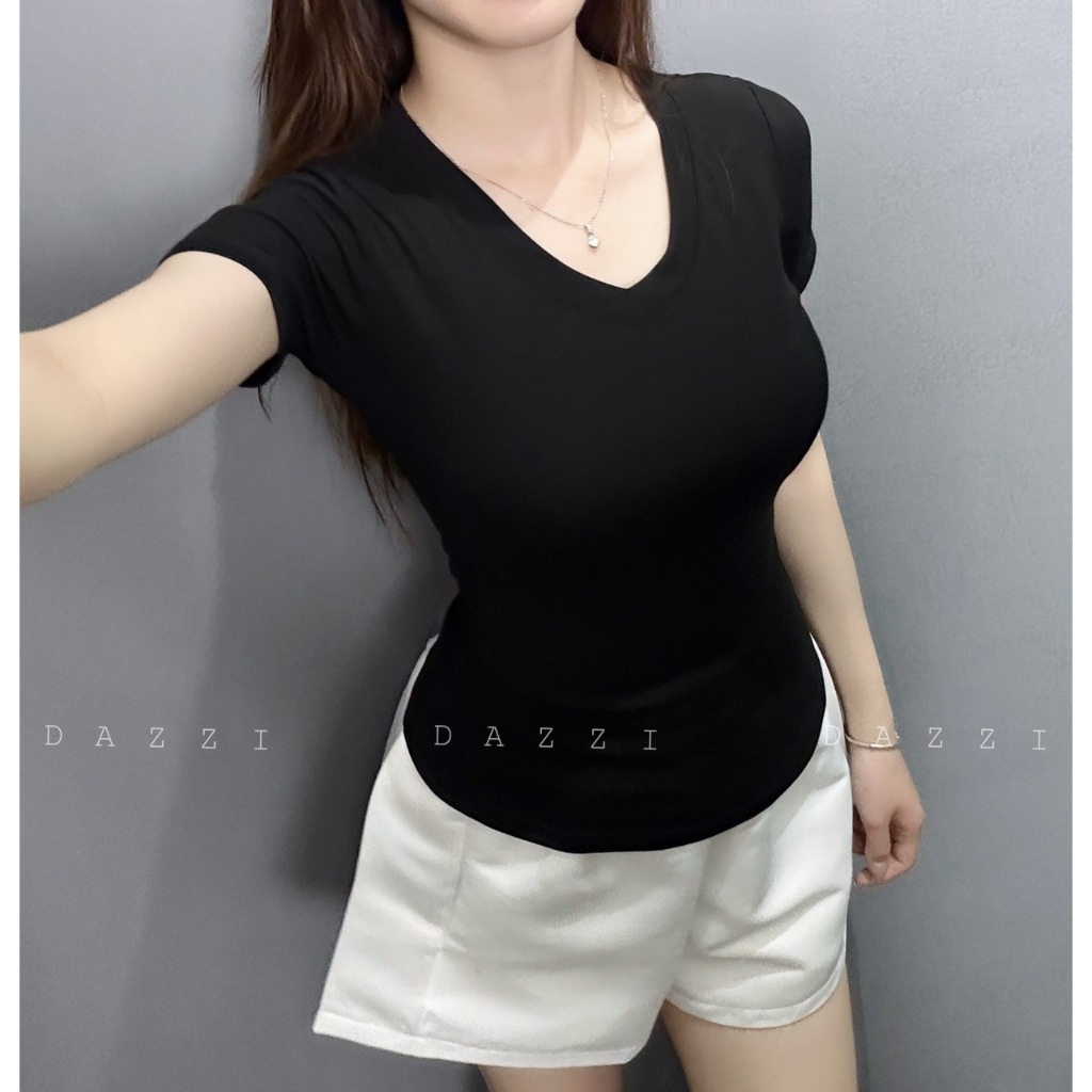 Áo thun nữ cổ tim có viền chất cotton ôm dáng DAZZI A029 | BigBuy360 - bigbuy360.vn