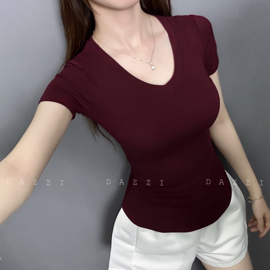 Áo thun nữ cổ tim có viền chất cotton ôm dáng DAZZI A029 | BigBuy360 - bigbuy360.vn
