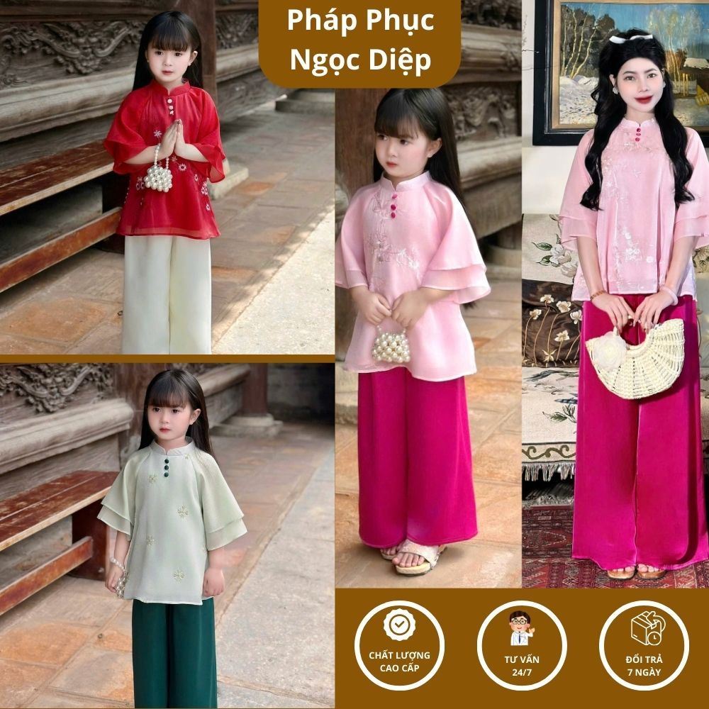 Pháp Phục Đi Chùa Cho Bé Gái Và Mẹ Tơ Hoa Thêu, Đồ Lam Đi Chùa Bé Gái Mẹ Bé Cúc Bọc Xinh Dễ Thương