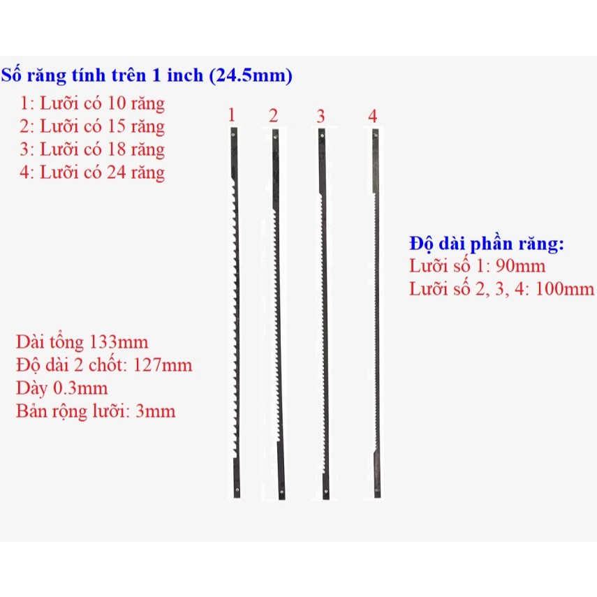 Lưỡi cưa lọng máy 133mm loại 10 răng/ 15 răng / 18 răng/ 24 răng / tính trên 1 inch (loại thường) bả