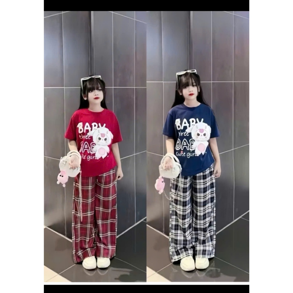 Sét quần kẻ caro va áo thun in hình babythree dễ thương va đáng yêu cho bé 9-43kg