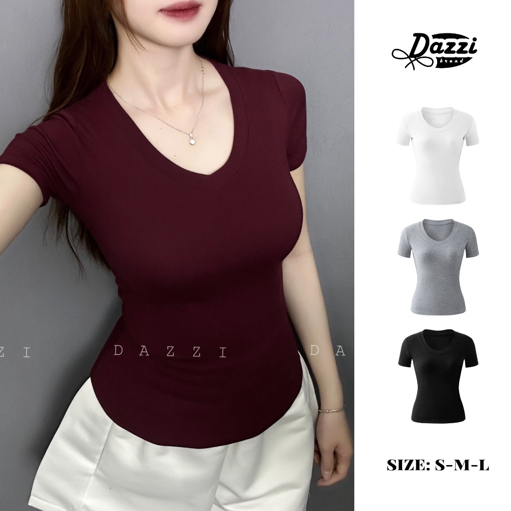 Áo thun nữ cổ tim có viền chất cotton ôm dáng DAZZI A029 | BigBuy360 - bigbuy360.vn
