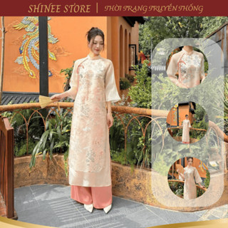 Áo Dài Cách Tân Hạ Uyển Lụa Tơ In Họa Tiết Cao Cấp SHINEE Áó Thiết Kế Cổ Cao 4 Tà Đính Nơ Duyên Dáng