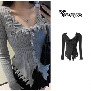  YizTop Áo Thun Len Cardigan Cổ V Hơi Ôm Dài Tay Viền Tua Rua Dài Tay Retro Màu Trắng Be Ulzzang Dáng Ngắn 