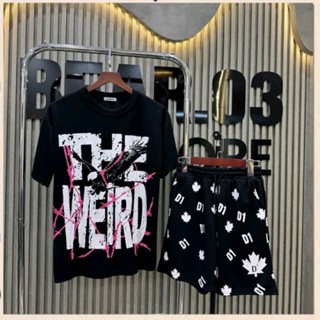 (B011) Bộ quần áo cộc unisex nam nữ, áo thun forn rộng in họa tiết THEWWEIRD mix quần đùi gió 2 lớp D1 lá phong