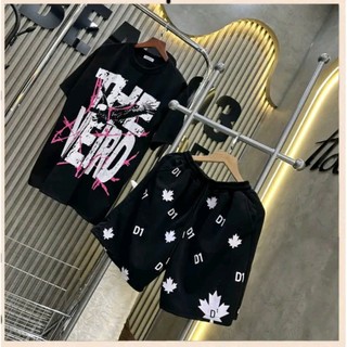 (B011) Bộ quần áo cộc unisex nam nữ, áo thun in chữ THE WEIRD MIX quần đùi gió 2 lớp in D1 lá phong