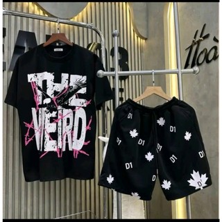 (B011) Bộ quần áo cộc unisex nam nữ, áo thun in chữ THE WEIRD MIX quần đùi gió 2 lớp in D1 lá phong