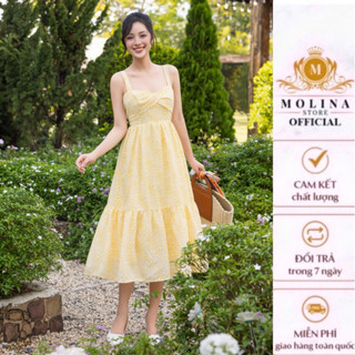  Đầm Maxi Hoa Nhí Molina Thiết Kế Hai Dây Bèo Tầng Nhún Ngực Chất Lụa Xốp Mềm Mịn Nữ Tính Điệu Đà Phù Hợp Đi Biển 