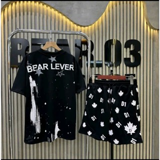 (B012) Bộ quần áo cộc unisex nam nữ, áo thun form rộng in họa tiết BEAR LEVER mix quần đùi gió 2 lớp D2