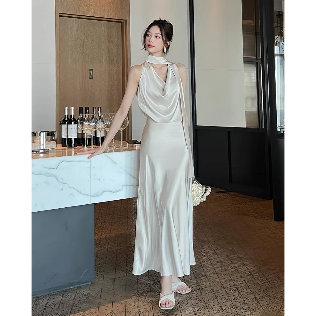 Set váy cổ đổ khăn quàng cổ xoè Celine Eclipse Clothing