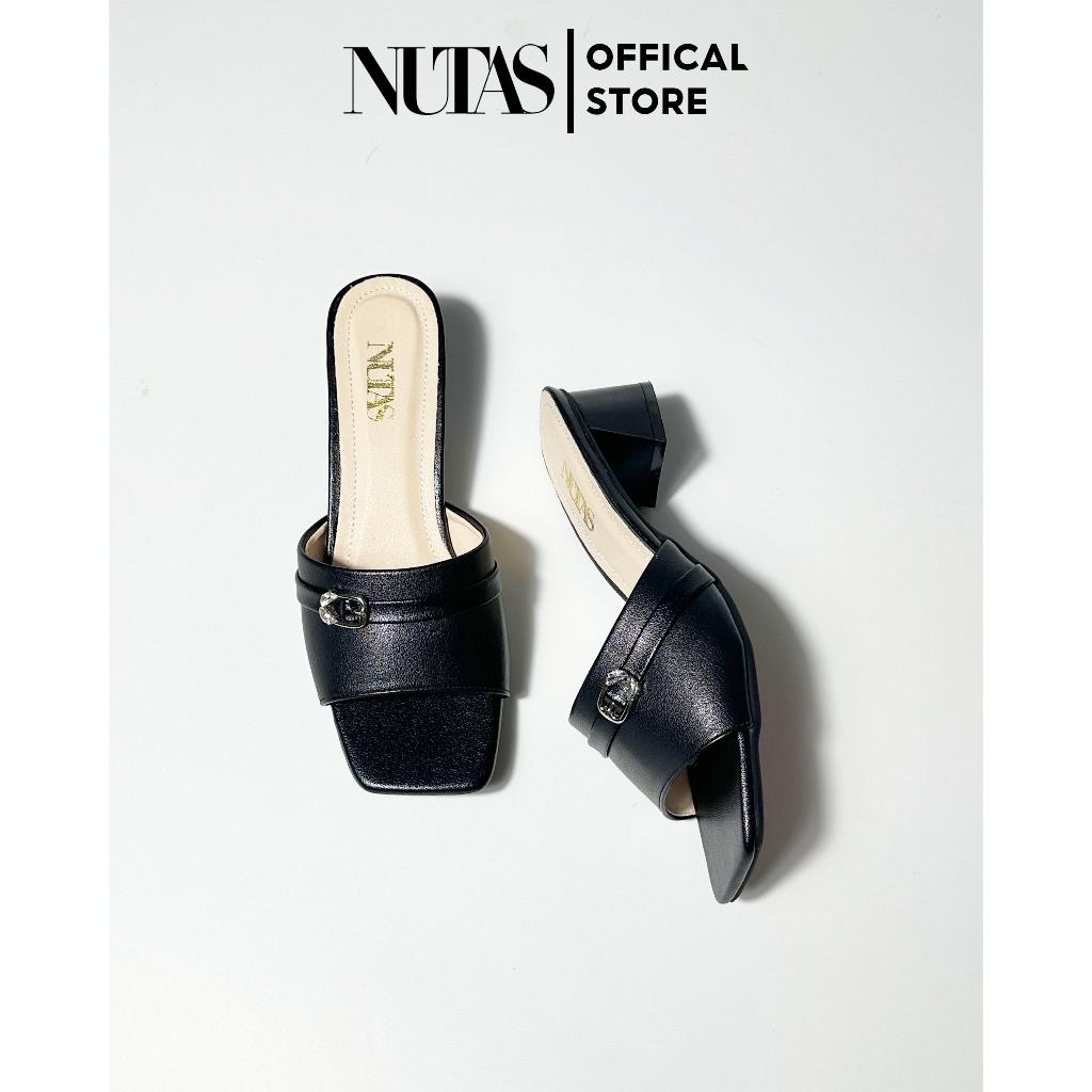 Dép Quai Ngang Đính Khuy NUTAS Gót Cao 3cm 5cm, Guốc Cao Gót Da Mềm Êm Chân Chống Trơn Trượt