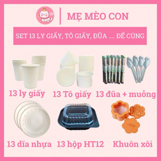 13 ly giấy, tô giấy, dĩa, muỗng, đũa, khuôn xôi làm mâm cúng thôi nôi, đầy tháng cho bé, nhựa dùng 1 lần - đầy đủ