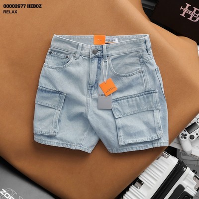 Quần short jean nam Heboz cargo S021, quần đùi nam denim kiểu túi hộp - 00002677