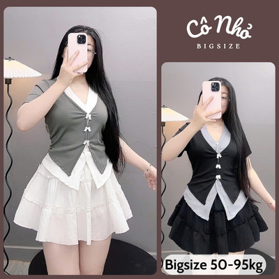 Set Bộ Bigsize Áo Cổ Tim Đính Nơ Vải Tăm Qc Mát Dễ Thương Phối Chân Váy Xoè Cho Chuppy SET977