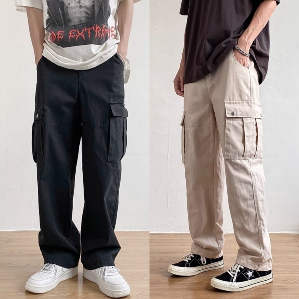 Quần Túi Hộp  baggy Quần âu nam cargo quần ống rộng cạp cao đen trắng retro unisex
